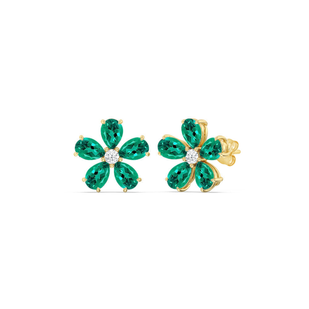 Emerald and Diamond Daisy Studs with 14KT Yellow Gold Cut Diamond in 14KT Yellow Gold view 1
