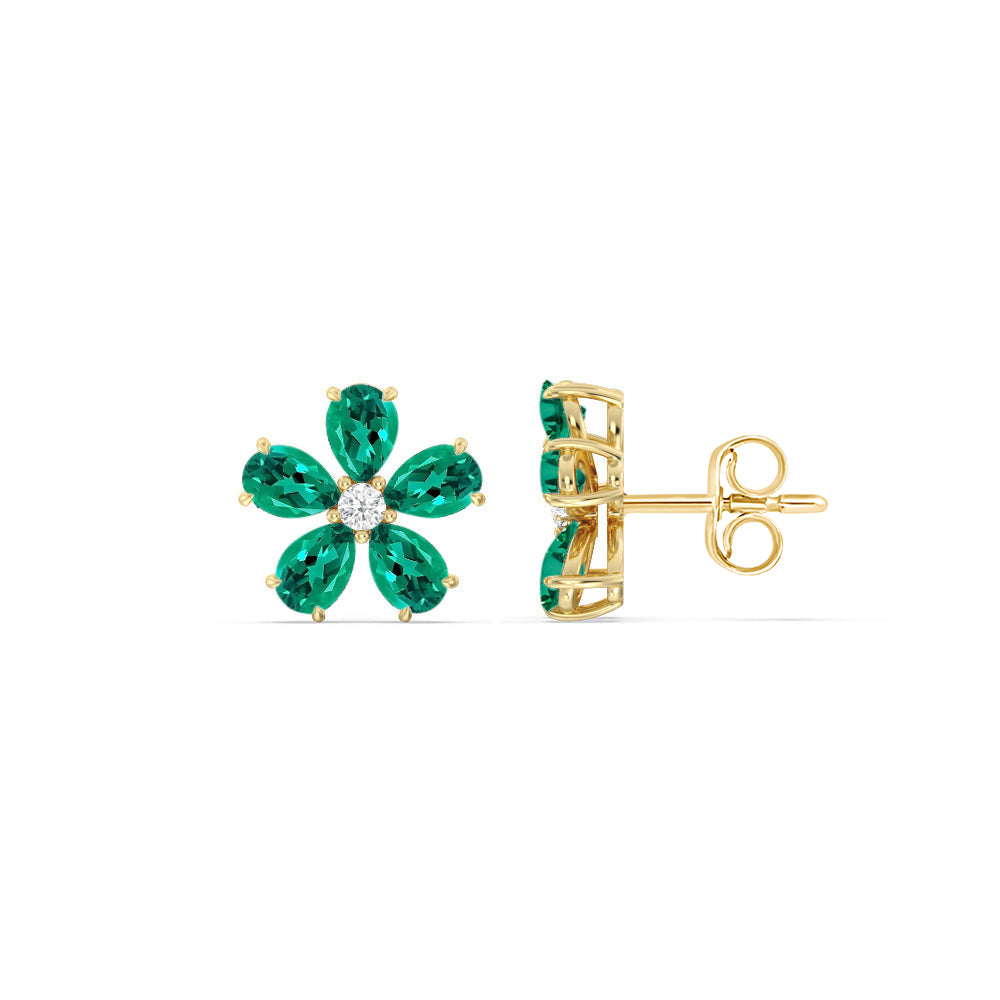 Emerald and Diamond Daisy Studs with 14KT Yellow Gold Cut Diamond in 14KT Yellow Gold view 2
