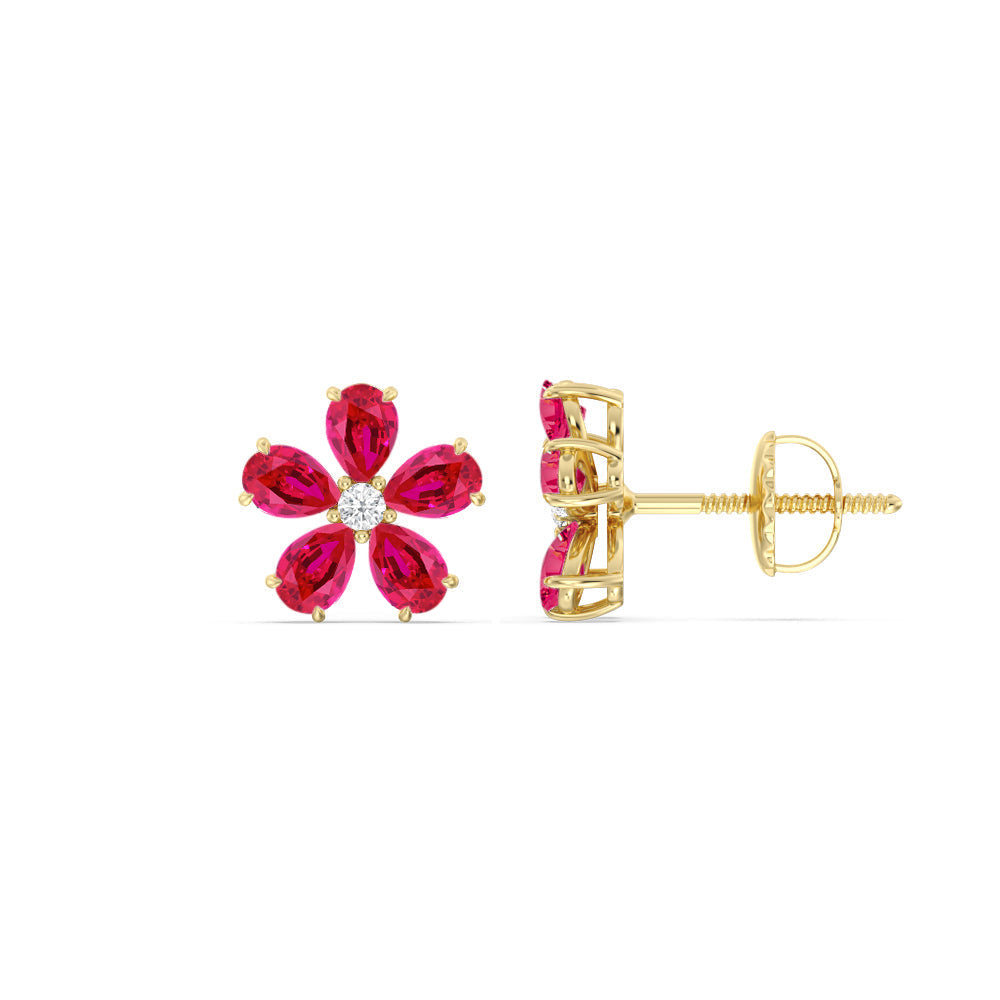 Ruby and Diamond Daisy Studs with 14KT Yellow Gold Cut Diamond in 14KT Yellow Gold view 2
