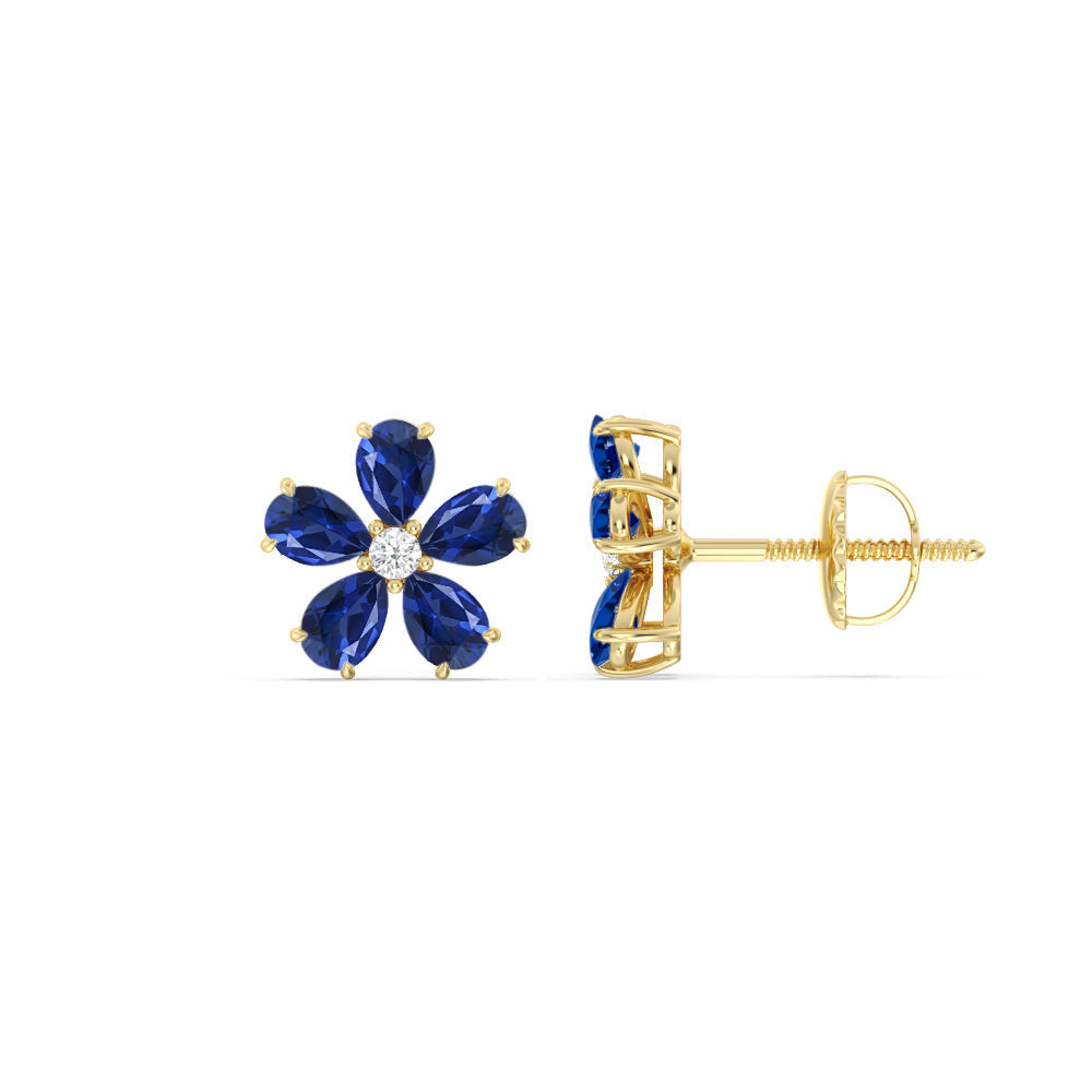 Sapphire and Diamond Daisy Studs with 14KT Yellow Gold Cut Diamond in 14KT Yellow Gold view 2
