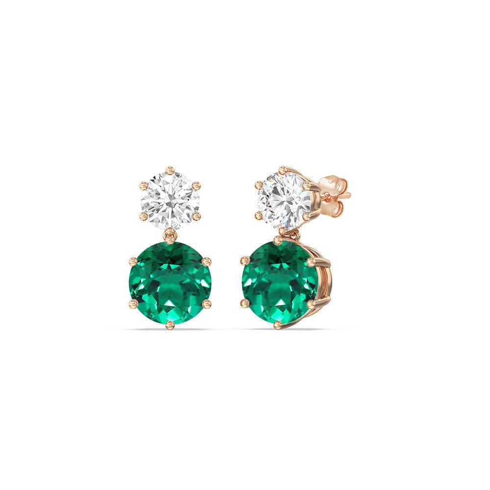 Emerald and Diamond Duo Stud Earrings with 14KT Rose Gold Cut Diamond in 14KT Rose Gold view 1
