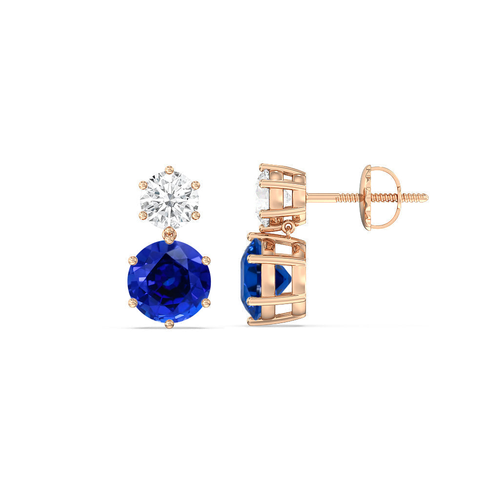 Sapphire and Diamond Duo Stud Earrings with 14KT Rose Gold Cut Diamond in 14KT Rose Gold view 2
