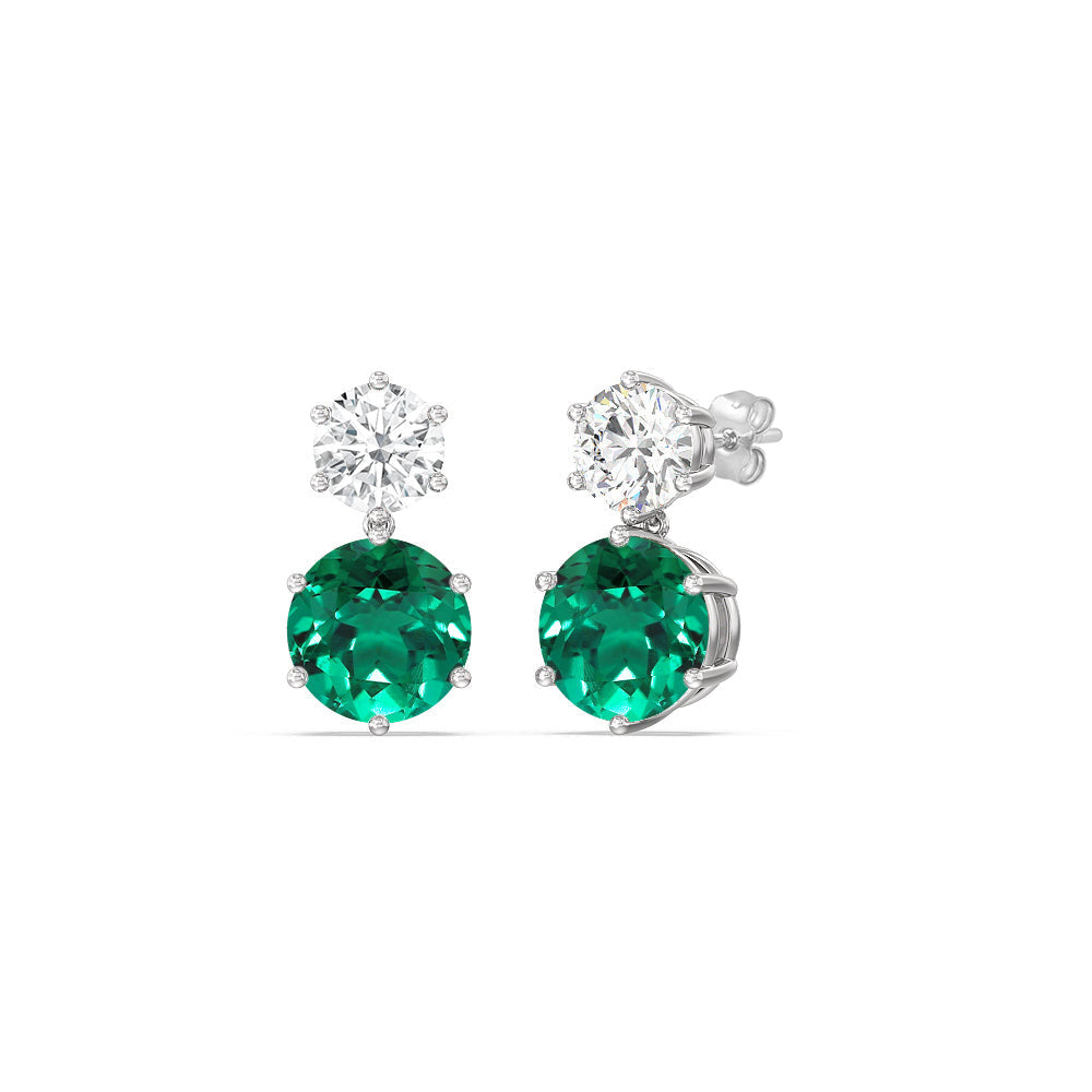 Emerald and Diamond Duo Stud Earrings with 14KT White Gold Cut Diamond in 14KT White Gold view 1
