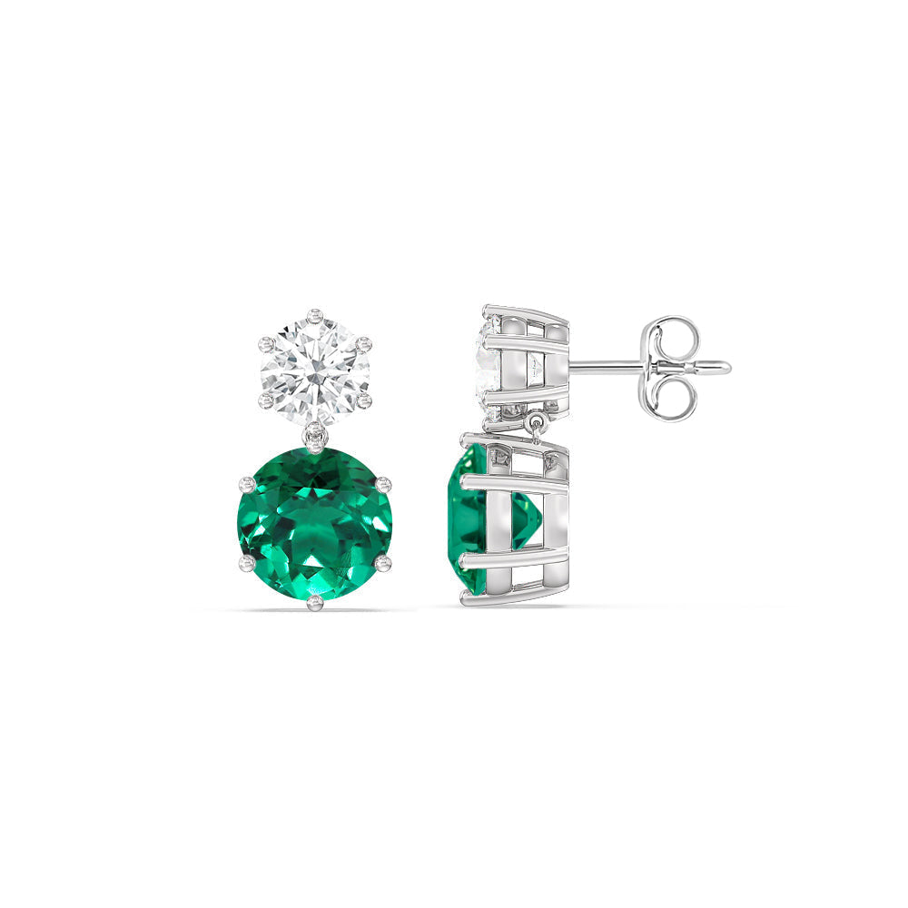Emerald and Diamond Duo Stud Earrings with 14KT White Gold Cut Diamond in 14KT White Gold view 2
