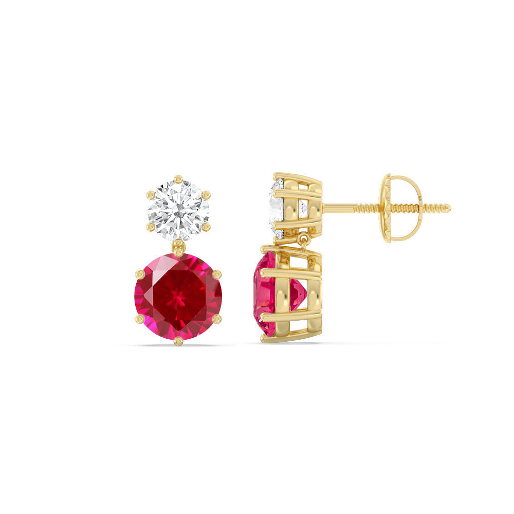 Ruby and Diamond Duo Stud Earrings with 14KT Yellow Gold Cut Diamond in 14KT Yellow Gold view 2
