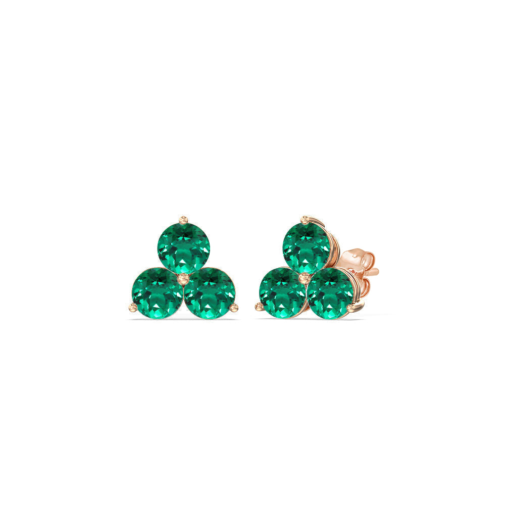 Emerald Classic Three Stone Cluster Earrings with 14KT Rose Gold Cut Diamond in 14KT Rose Gold view 1

