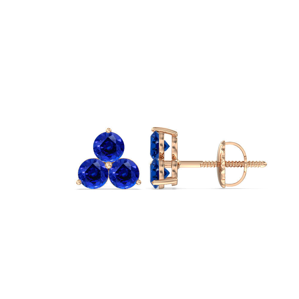 Sapphire Classic Three Stone Cluster Earrings with 14KT Rose Gold Cut Diamond in 14KT Rose Gold view 2
