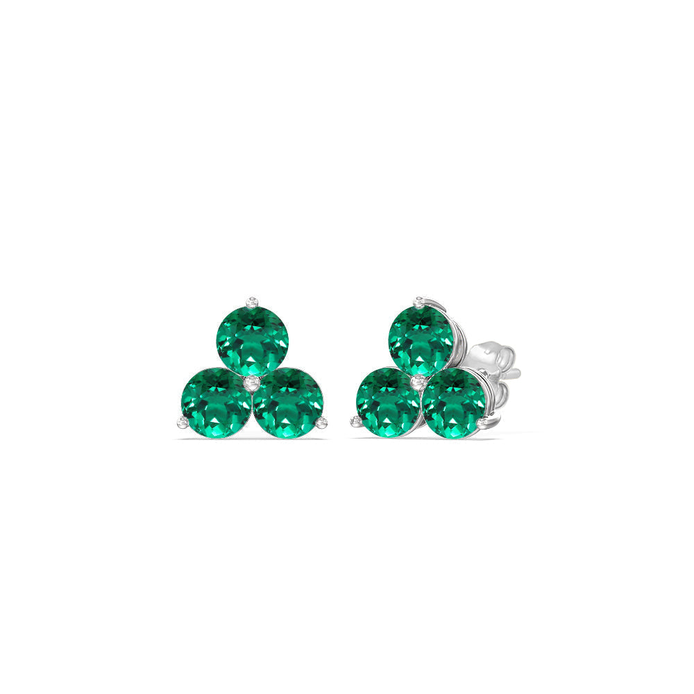 Emerald Classic Three Stone Cluster Earrings with 14KT White Gold Cut Diamond in 14KT White Gold view 1

