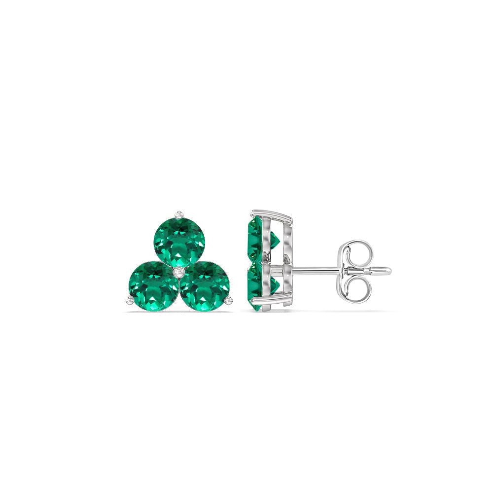 Emerald Classic Three Stone Cluster Earrings with 14KT White Gold Cut Diamond in 14KT White Gold view 2
