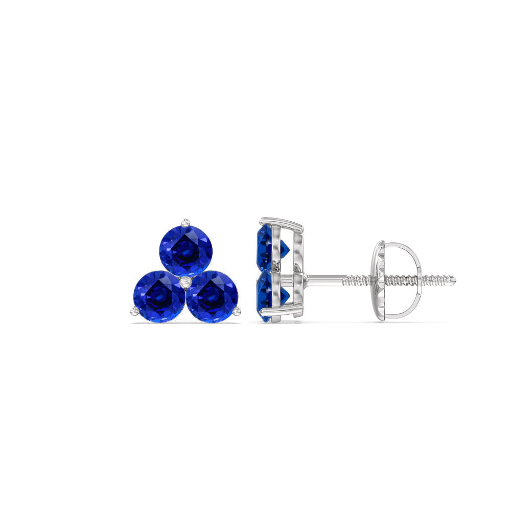 Sapphire Classic Three Stone Cluster Earrings with 14KT White Gold Cut Diamond in 14KT White Gold view 2
