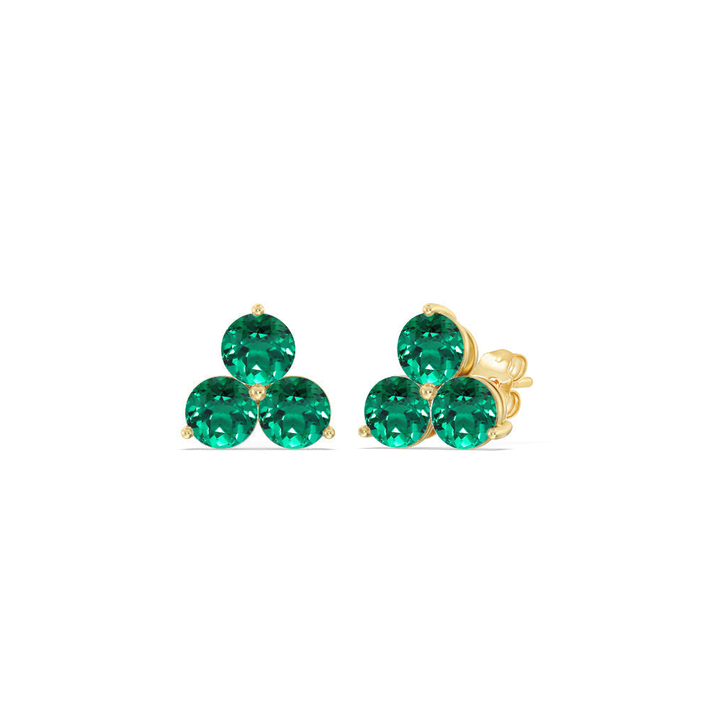 Emerald Classic Three Stone Cluster Earrings with 14KT Yellow Gold Cut Diamond in 14KT Yellow Gold view 1

