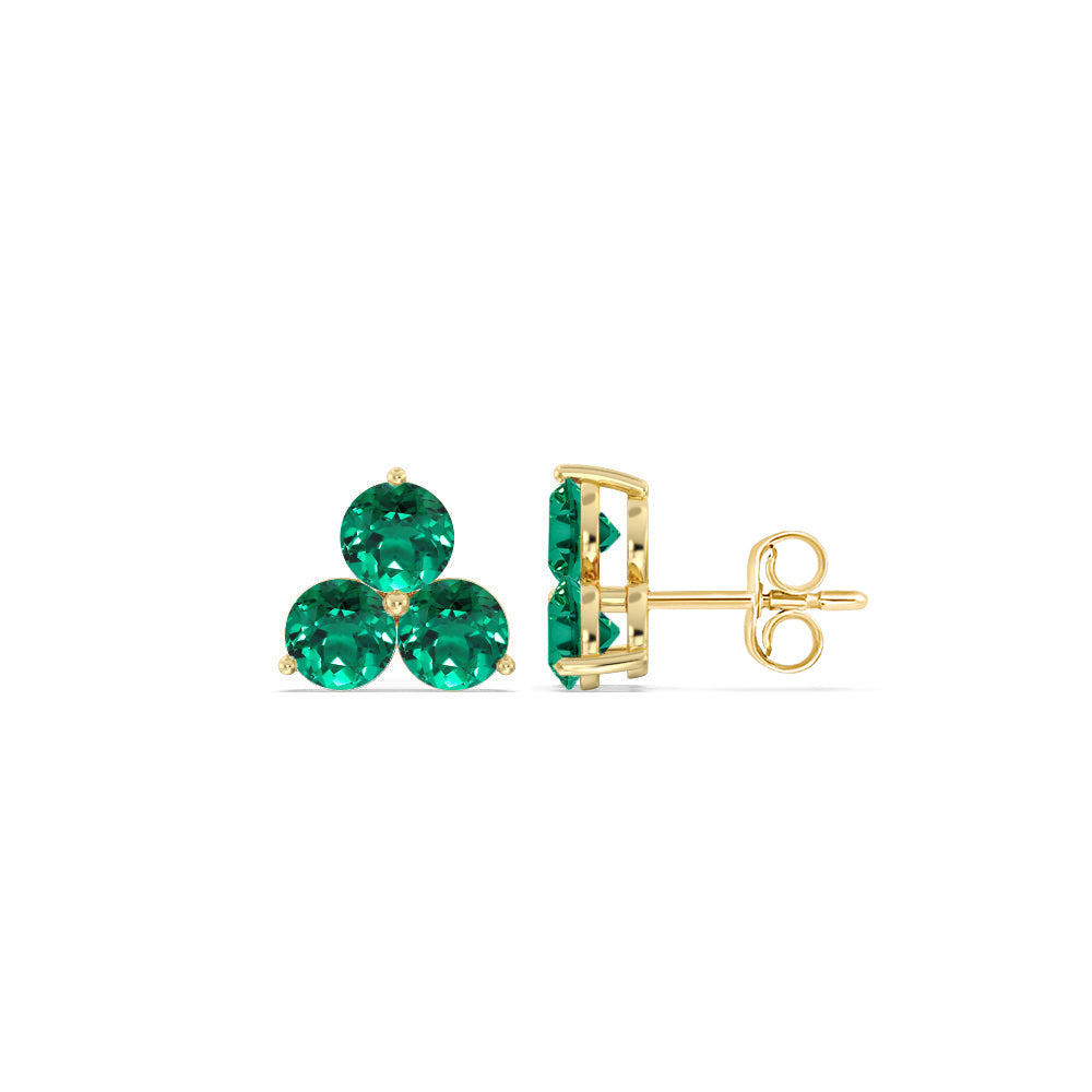 Emerald Classic Three Stone Cluster Earrings with 14KT Yellow Gold Cut Diamond in 14KT Yellow Gold view 2
