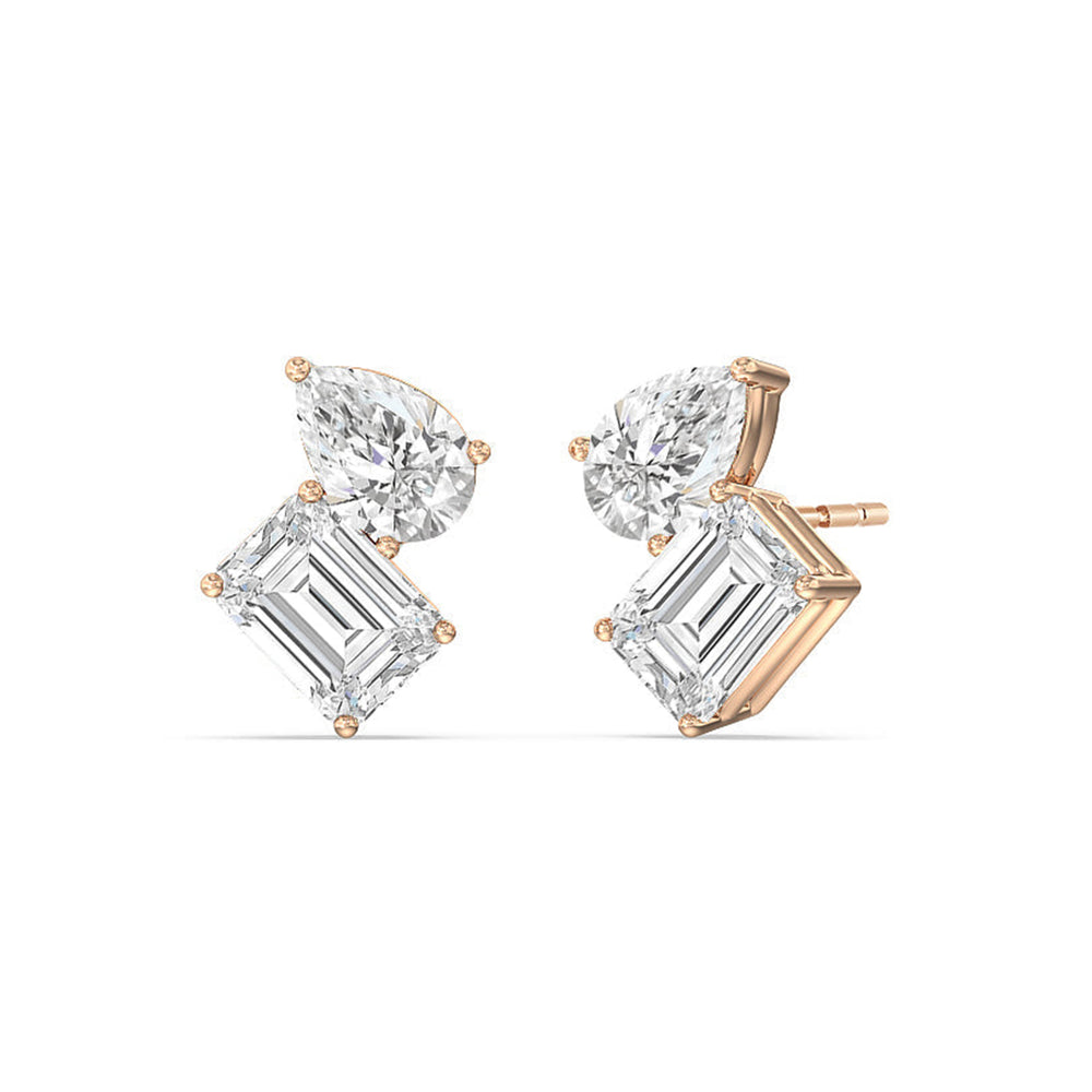 Toi et Moi Pear Emerald Studs with 14KT Rose Gold / Lab / 2 1/4 Cut Diamond in 14KT Rose Gold / Lab / 2 1/4 view 1
