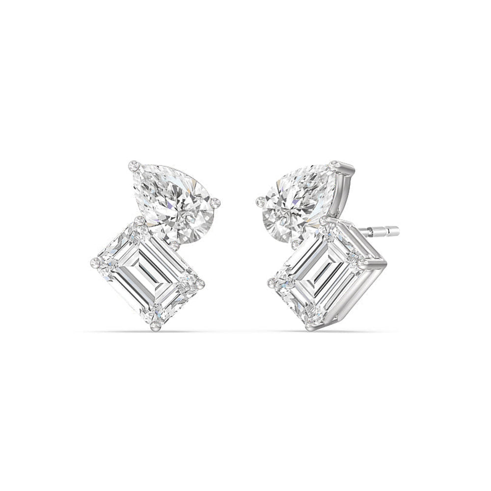 Toi et Moi Pear Emerald Studs with 14KT White Gold / Lab / 2 1/4 Cut Diamond in 14KT White Gold / Lab / 2 1/4 view 1
