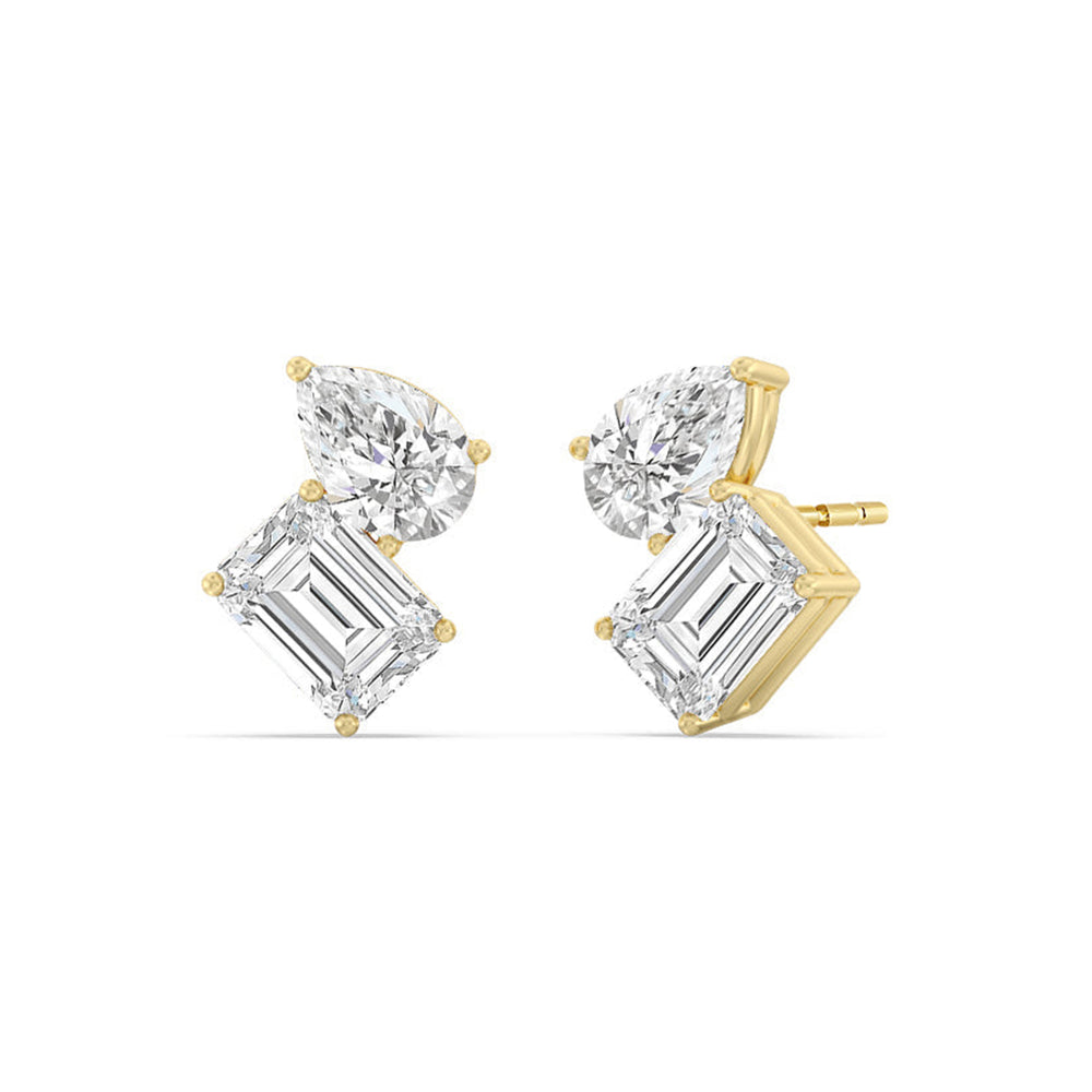 Toi et Moi Pear Emerald Studs with 14KT Yellow Gold / Lab / 2 1/4 Cut Diamond in 14KT Yellow Gold / Lab / 2 1/4 view 1
