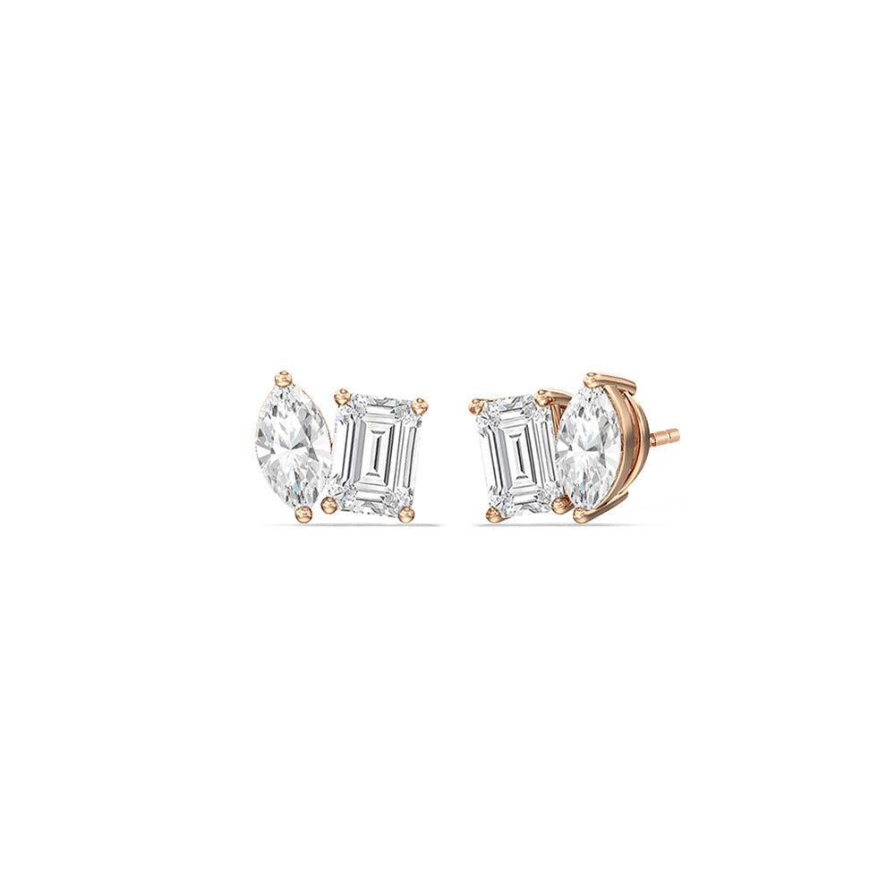 Toi et Moi Marquise Emerald Stud Earrings with 14KT Rose Gold / Lab / 2 1/4 Cut Diamond in 14KT Rose Gold / Lab / 2 1/4 view 1
