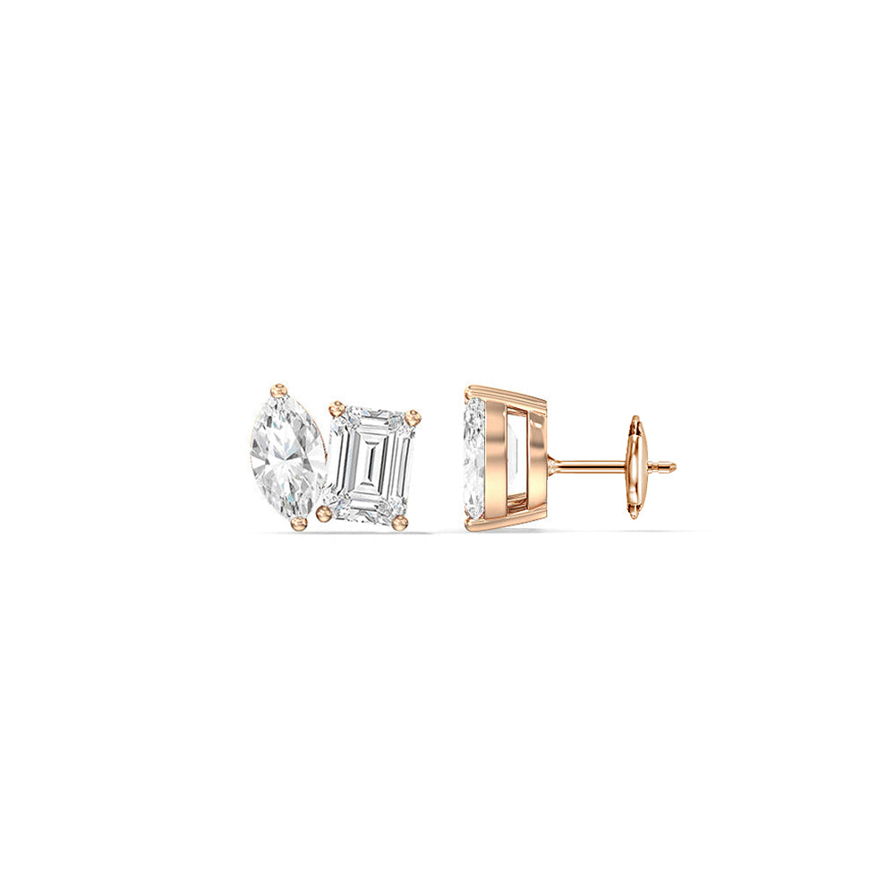 Toi et Moi Marquise Emerald Stud Earrings with 14KT Rose Gold / Lab / 2 1/4 Cut Diamond in 14KT Rose Gold / Lab / 2 1/4 view 2
