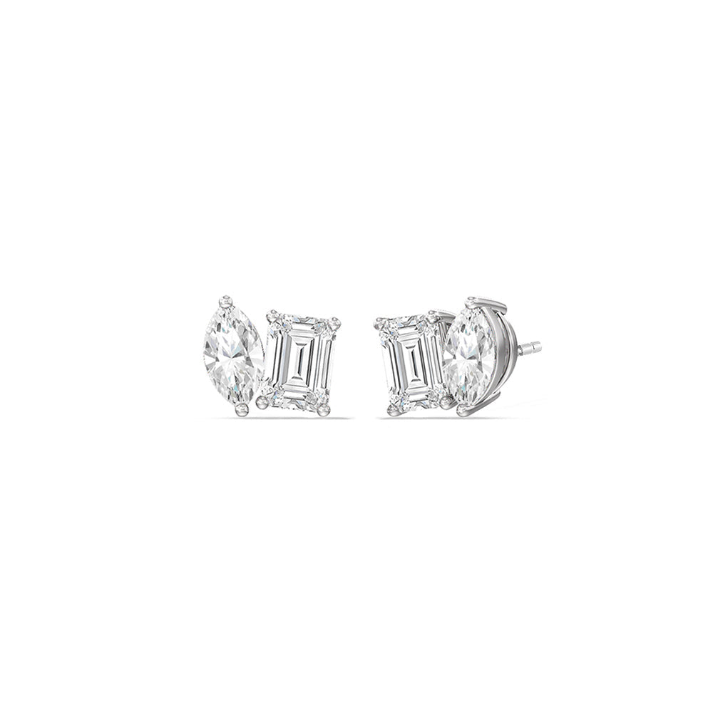 Toi et Moi Marquise Emerald Stud Earrings with 14KT White Gold / Lab / 2 1/4 Cut Diamond in 14KT White Gold / Lab / 2 1/4 view 1
