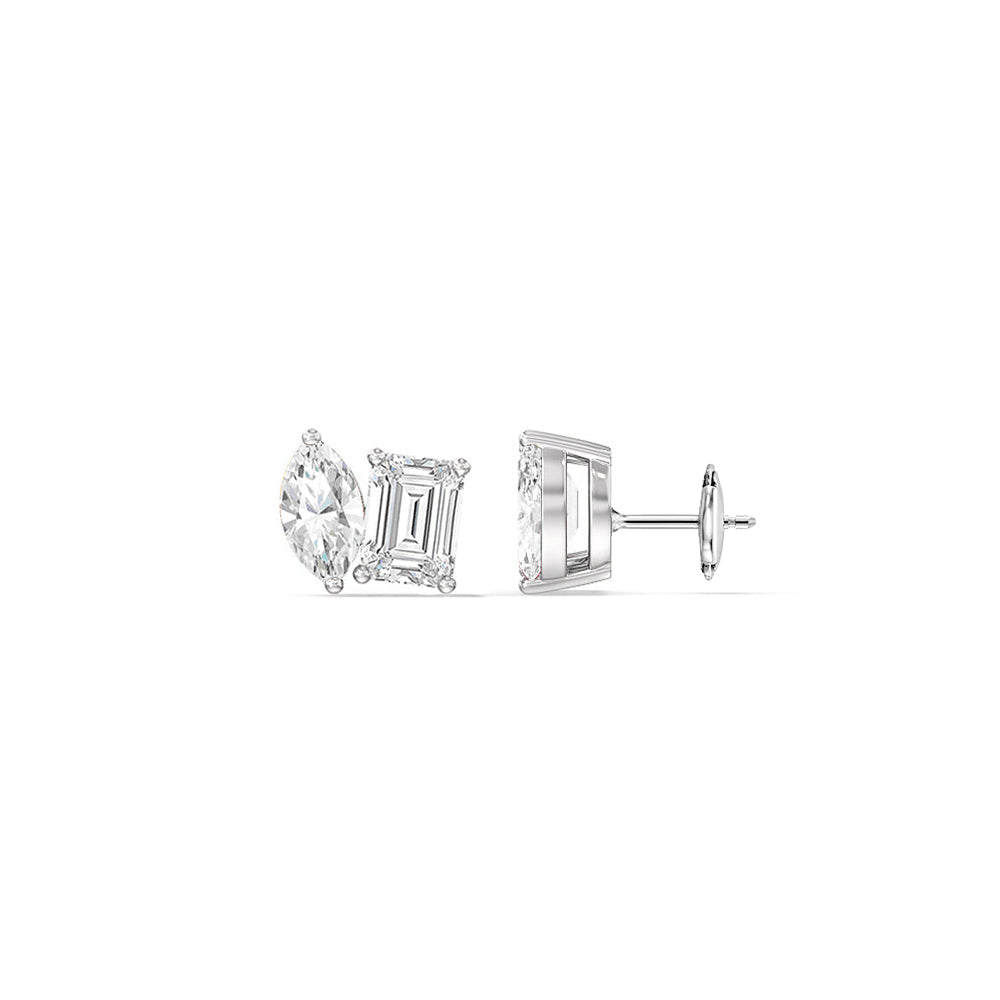 Toi et Moi Marquise Emerald Stud Earrings with 14KT White Gold / Lab / 2 1/4 Cut Diamond in 14KT White Gold / Lab / 2 1/4 view 2
