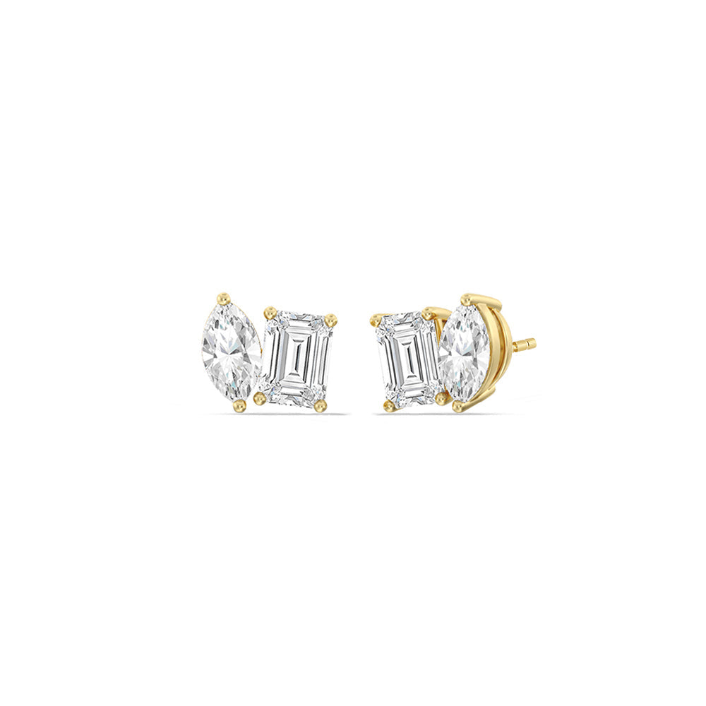 Toi et Moi Marquise Emerald Stud Earrings with 14KT Yellow Gold / Lab / 2 1/4 Cut Diamond in 14KT Yellow Gold / Lab / 2 1/4 view 1
