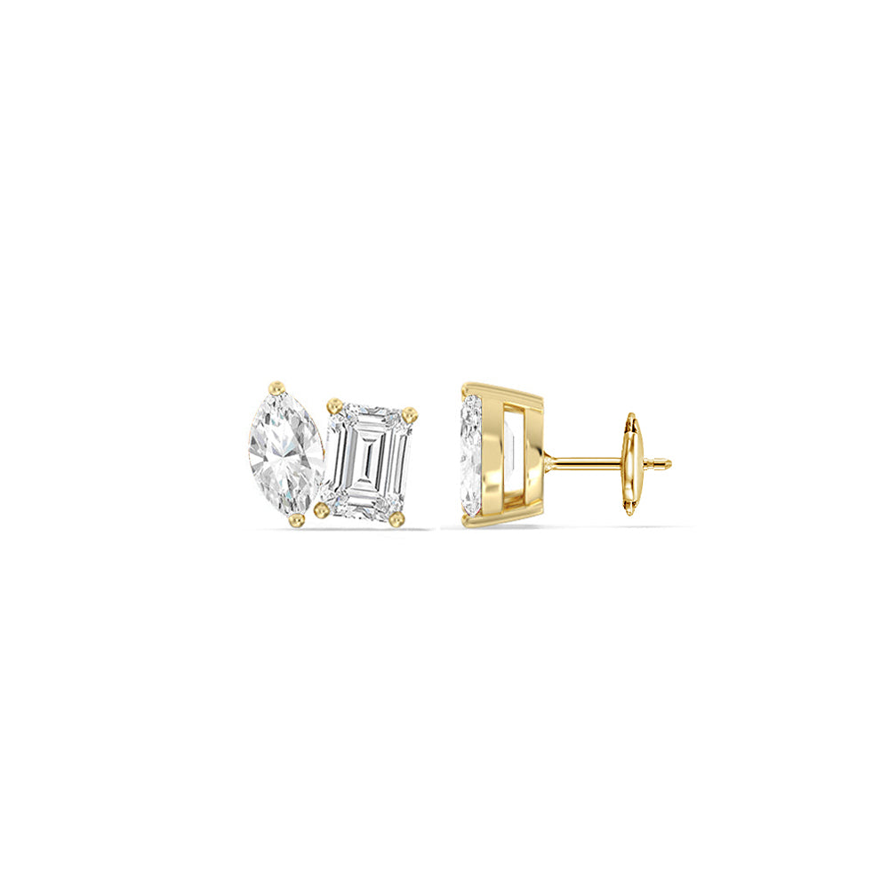Toi et Moi Marquise Emerald Stud Earrings with 14KT Yellow Gold / Lab / 2 1/4 Cut Diamond in 14KT Yellow Gold / Lab / 2 1/4 view 2
