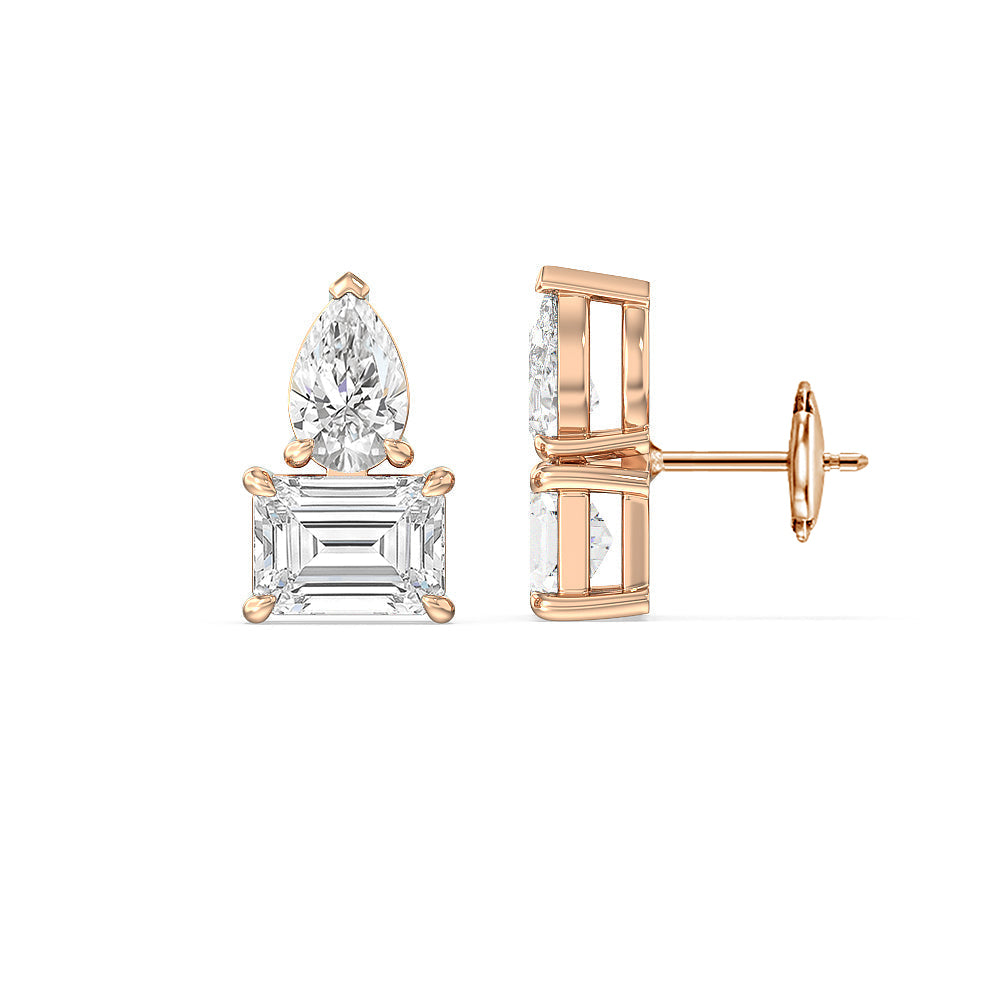 Toi et Moi Pear Emerald Linear Earrings with 14KT Rose Gold / Lab / 3 Cut Diamond in 14KT Rose Gold / Lab / 3 view 2
