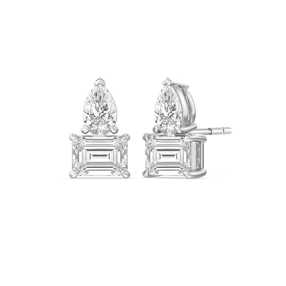 Toi et Moi Pear Emerald Linear Earrings with 14KT White Gold / Lab / 3 Cut Diamond in 14KT White Gold / Lab / 3 view 1
