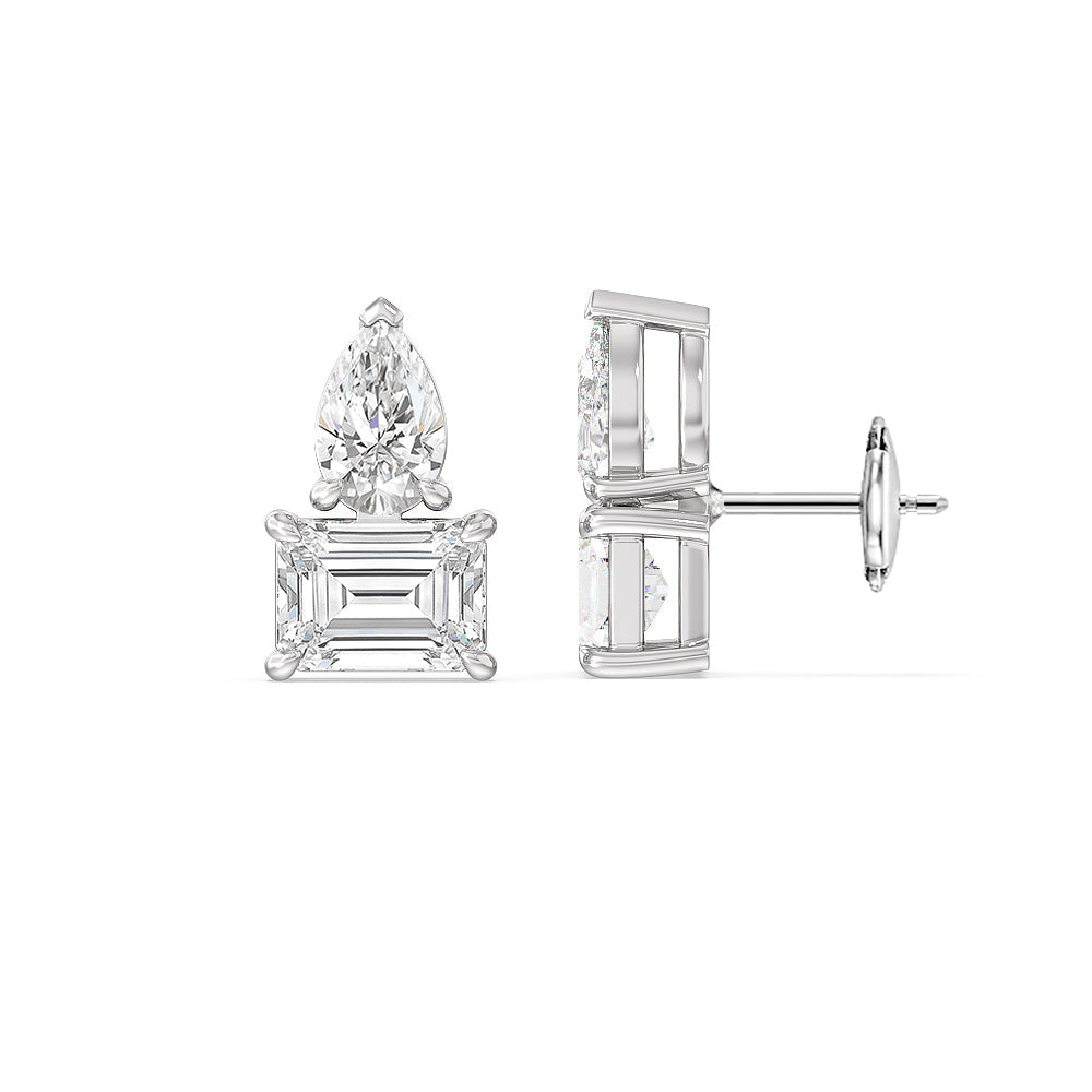 Toi et Moi Pear Emerald Linear Earrings with 14KT White Gold / Lab / 3 Cut Diamond in 14KT White Gold / Lab / 3 view 2
