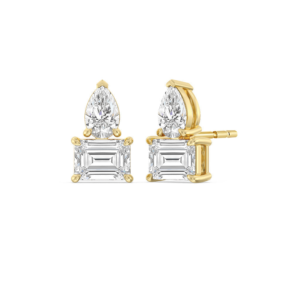 Toi et Moi Pear Emerald Linear Earrings with 14KT Yellow Gold / Lab / 3 Cut Diamond in 14KT Yellow Gold / Lab / 3 view 1
