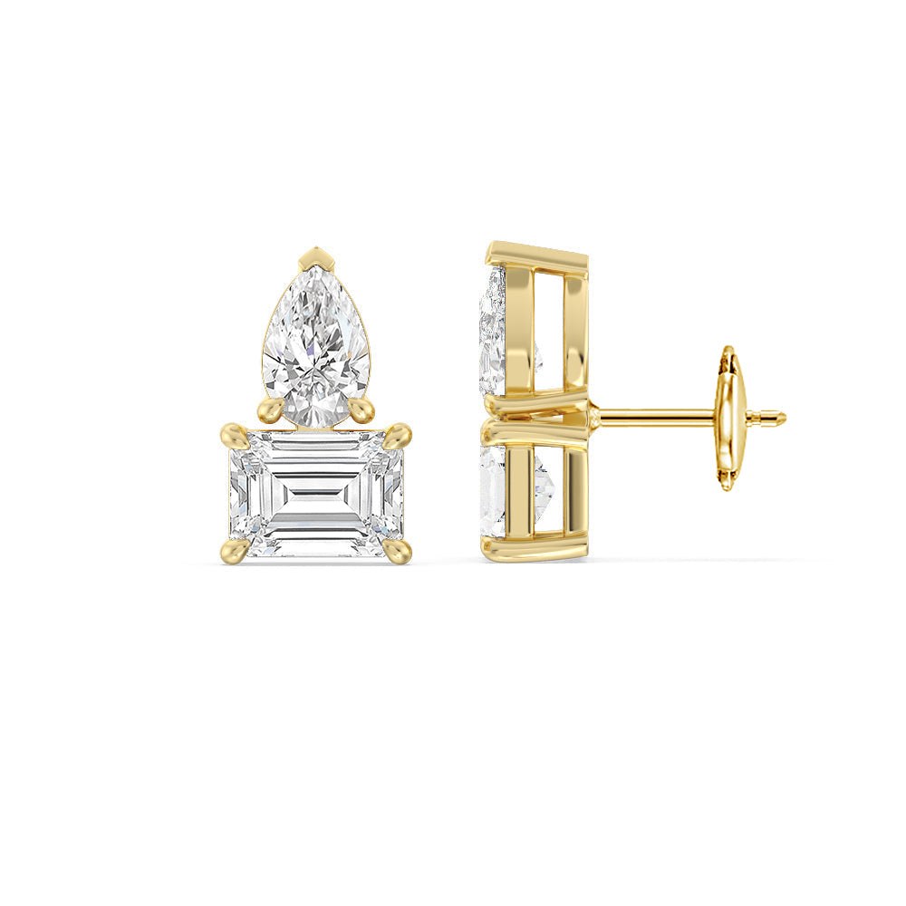 Toi et Moi Pear Emerald Linear Earrings with 14KT Yellow Gold / Lab / 3 Cut Diamond in 14KT Yellow Gold / Lab / 3 view 2
