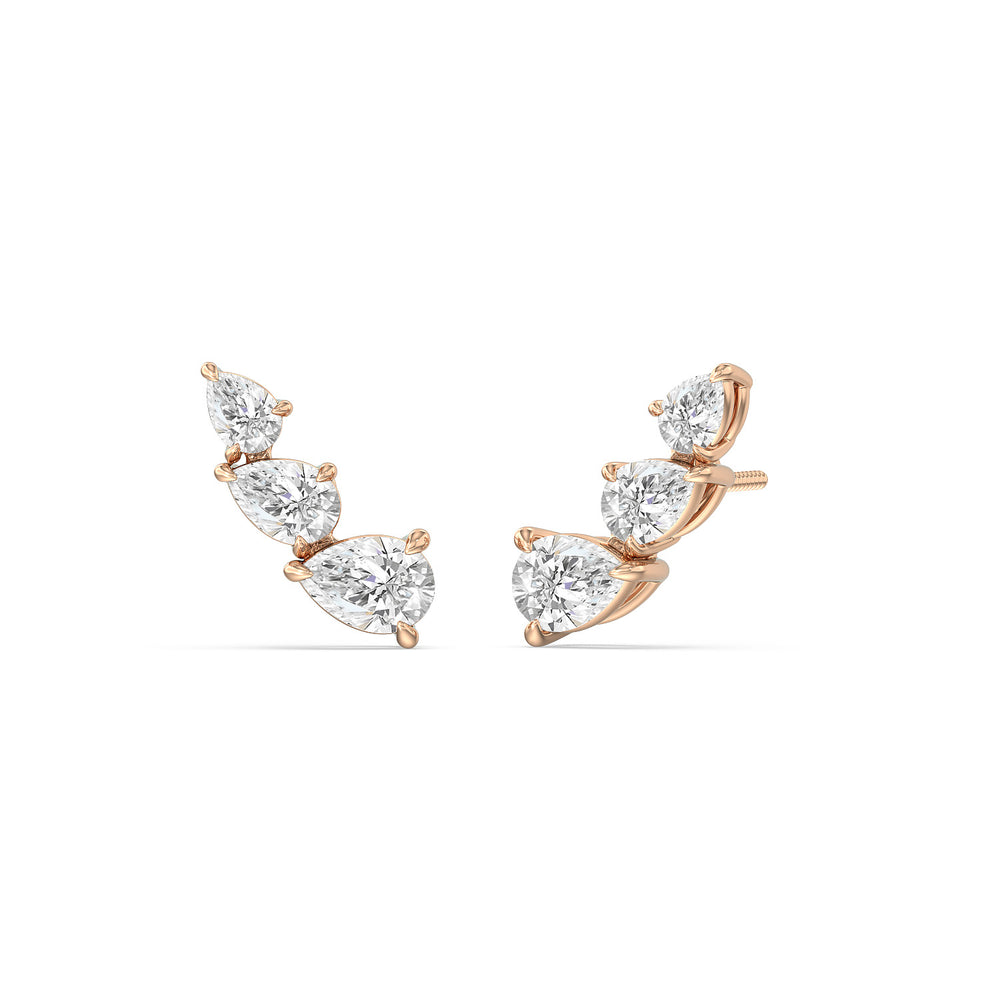 Trilogy Pear Shape Concave Climber Earrings with 14KT Rose Gold / Left Cut Diamond in 14KT Rose Gold / Left view 1
