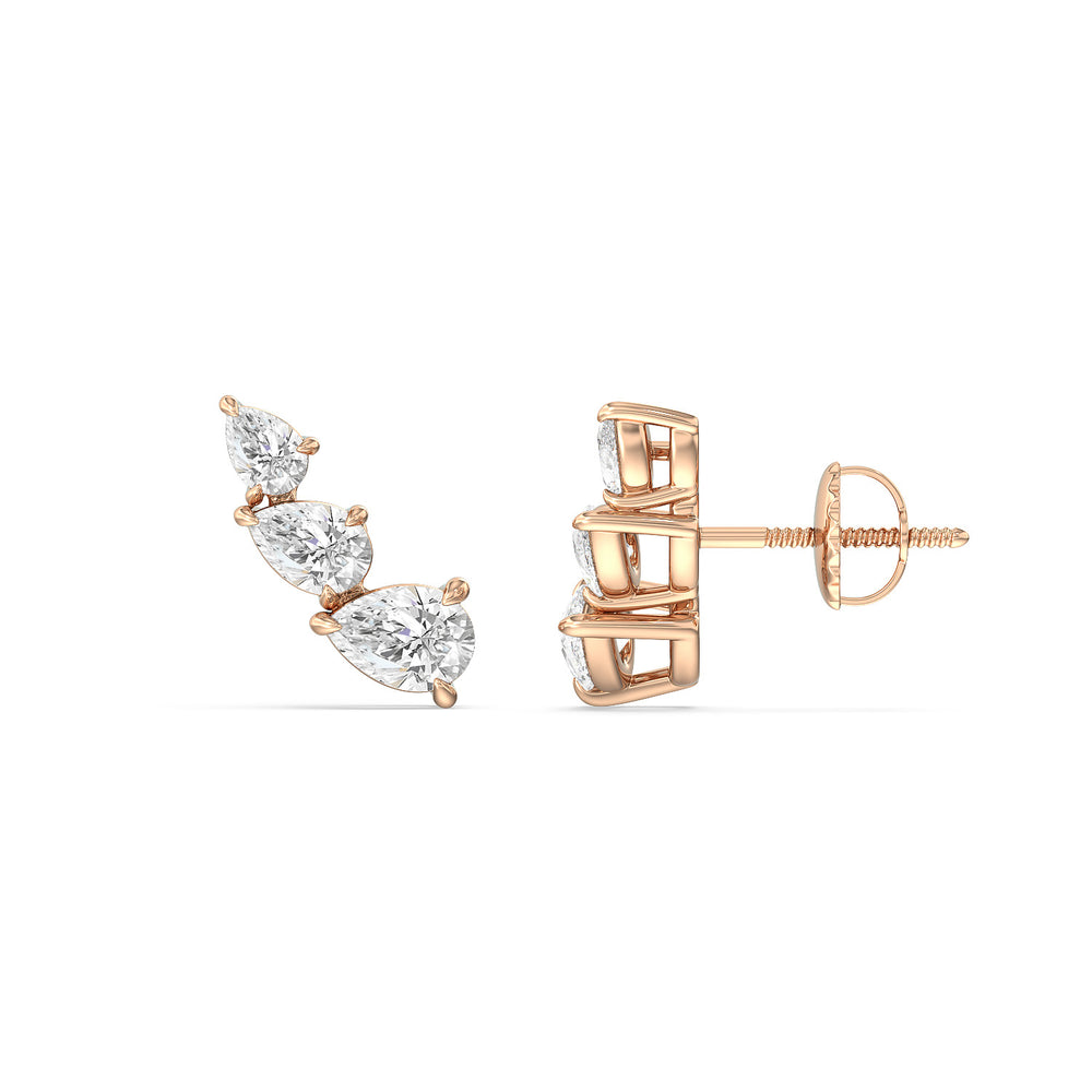 Trilogy Pear Shape Concave Climber Earrings with 14KT Rose Gold / Pair Cut Diamond in 14KT Rose Gold / Pair view 2
