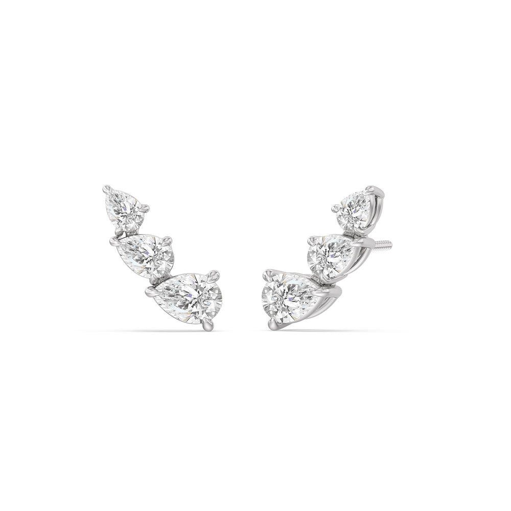Trilogy Pear Shape Concave Climber Earrings with 14KT White Gold / Left Cut Diamond in 14KT White Gold / Left view 1
