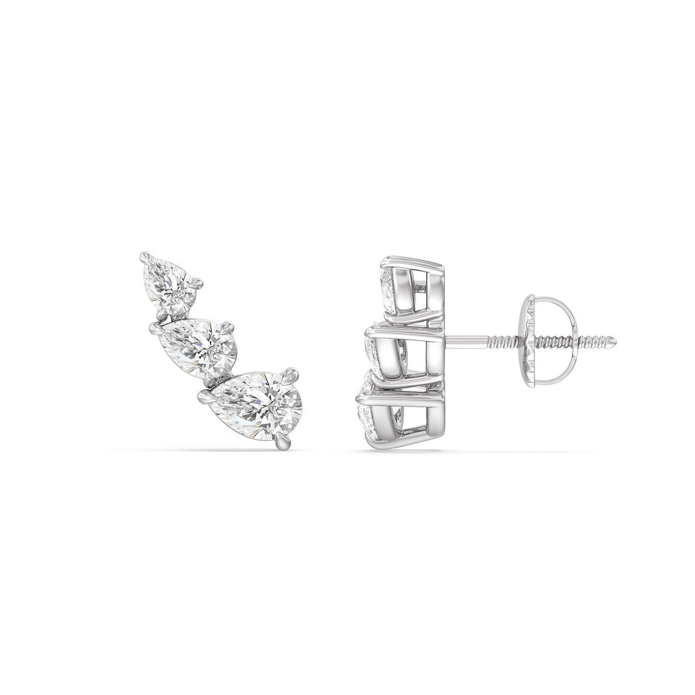 Trilogy Pear Shape Concave Climber Earrings with 14KT White Gold / Right Cut Diamond in 14KT White Gold / Right view 2
