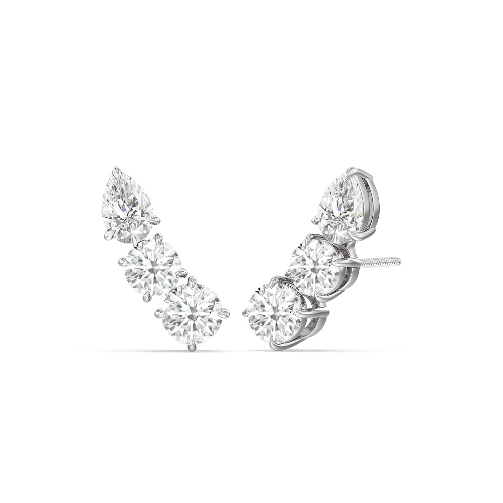 Trilogy Round and Pear Climber Earrings with 14KT White Gold / Right Cut Diamond in 14KT White Gold / Right view 1
