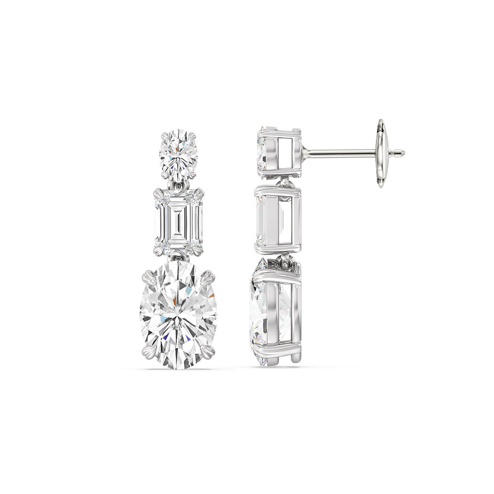Elegance Oval and Emerald Dangle Earrings with 14KT White Gold / Lab / 6 Cut Diamond in 14KT White Gold / Lab / 6 view 2
