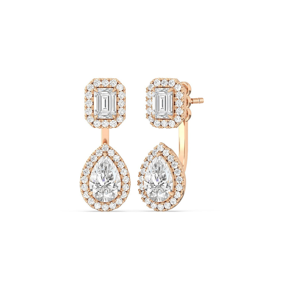 Toi et Moi Halo Emerald and Teardrop Front Back Earrings with 14KT Rose Gold / Lab / 3 5/8 Cut Diamond in 14KT Rose Gold / Lab / 3 5/8 view 1
