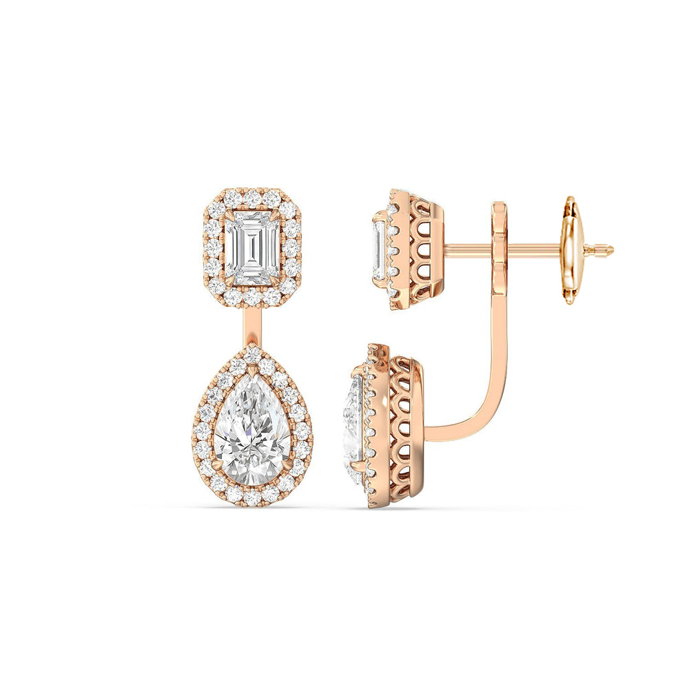 Toi et Moi Halo Emerald and Teardrop Front Back Earrings with 14KT Rose Gold / Lab / 3 5/8 Cut Diamond in 14KT Rose Gold / Lab / 3 5/8 view 2
