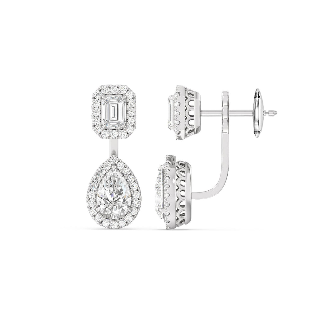 Toi et Moi Halo Emerald and Teardrop Front Back Earrings with 14KT White Gold / Lab / 3 5/8 Cut Diamond in 14KT White Gold / Lab / 3 5/8 view 2
