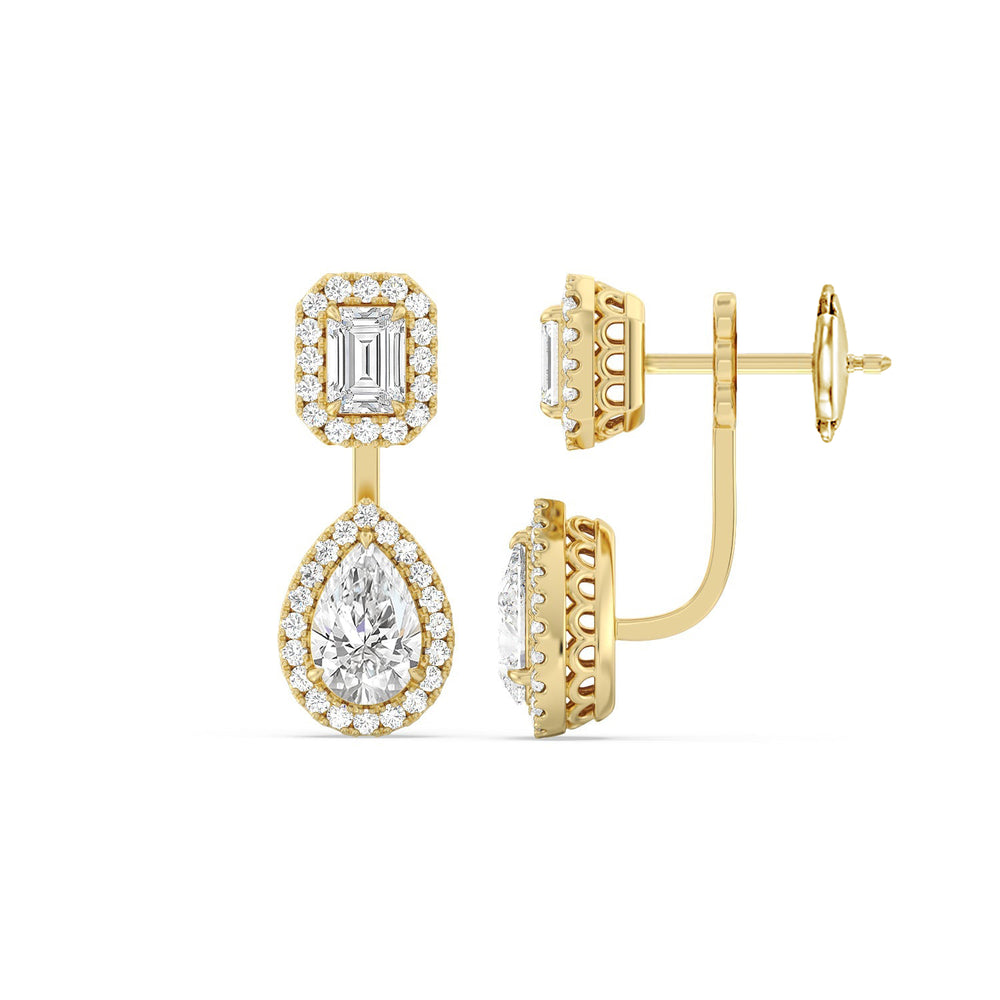 Toi et Moi Halo Emerald and Teardrop Front Back Earrings with 14KT Yellow Gold / Lab / 3 5/8 Cut Diamond in 14KT Yellow Gold / Lab / 3 5/8 view 2
