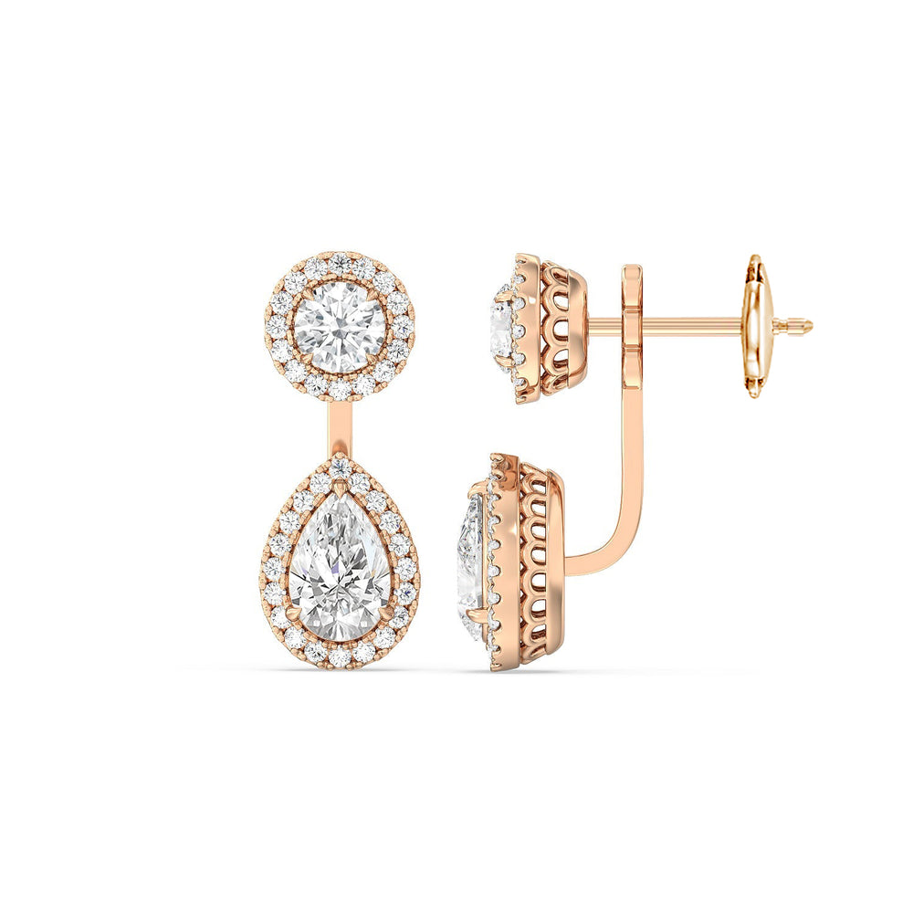 Toi et Moi Halo Round and Teardrop Front Back Earrings with 14KT Rose Gold / Lab / 3 5/8 Cut Diamond in 14KT Rose Gold / Lab / 3 5/8 view 2
