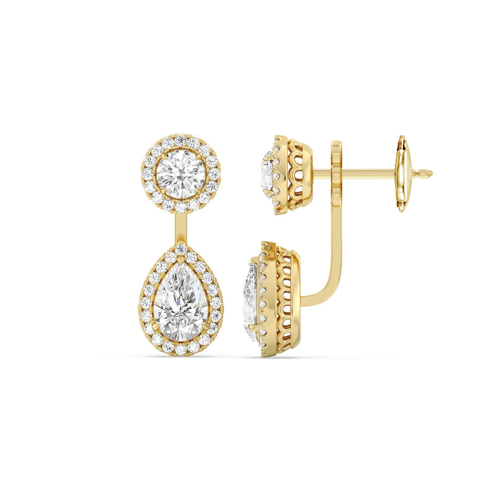 Toi et Moi Halo Round and Teardrop Front Back Earrings with 14KT Yellow Gold / Lab / 3 5/8 Cut Diamond in 14KT Yellow Gold / Lab / 3 5/8 view 2
