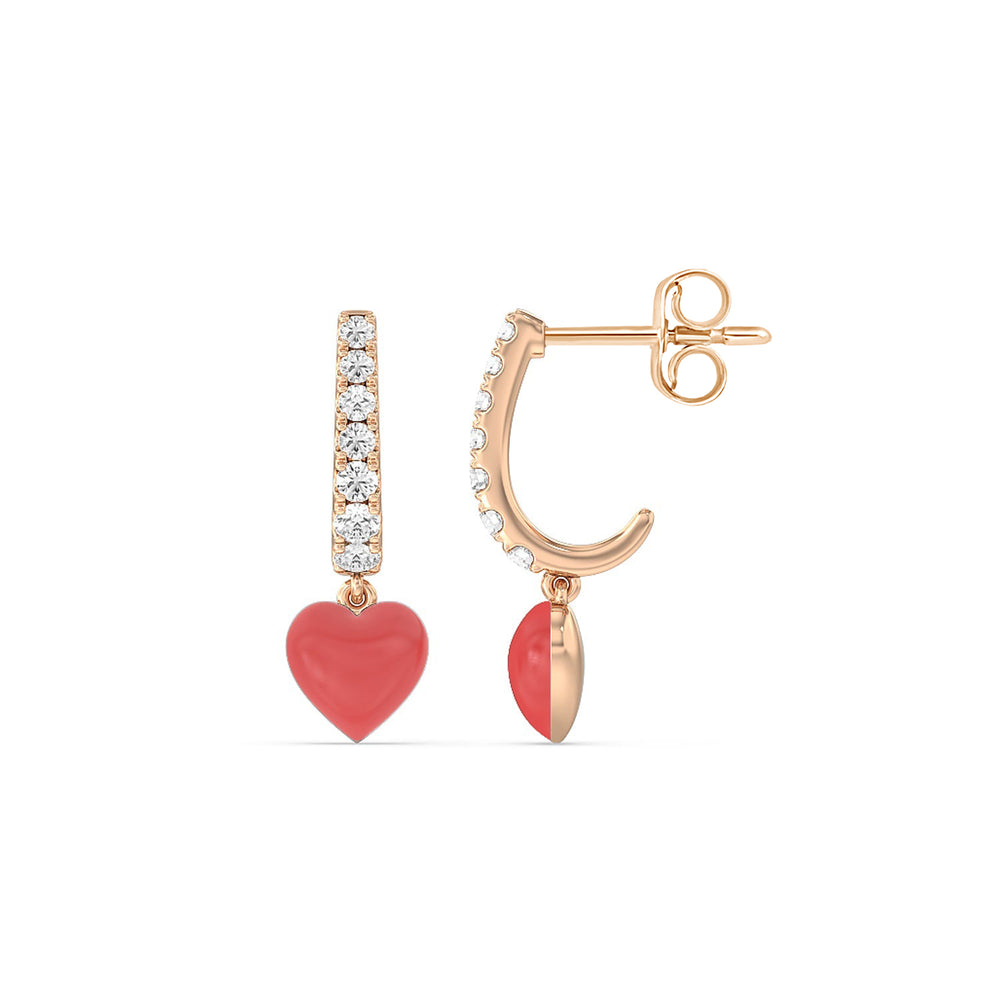 Classic Diamond Heart Huggies in Ceramic with 14KT Rose Gold / Hibiscus / 1/3 Cut Diamond in 14KT Rose Gold / Hibiscus / 1/3 view 2
