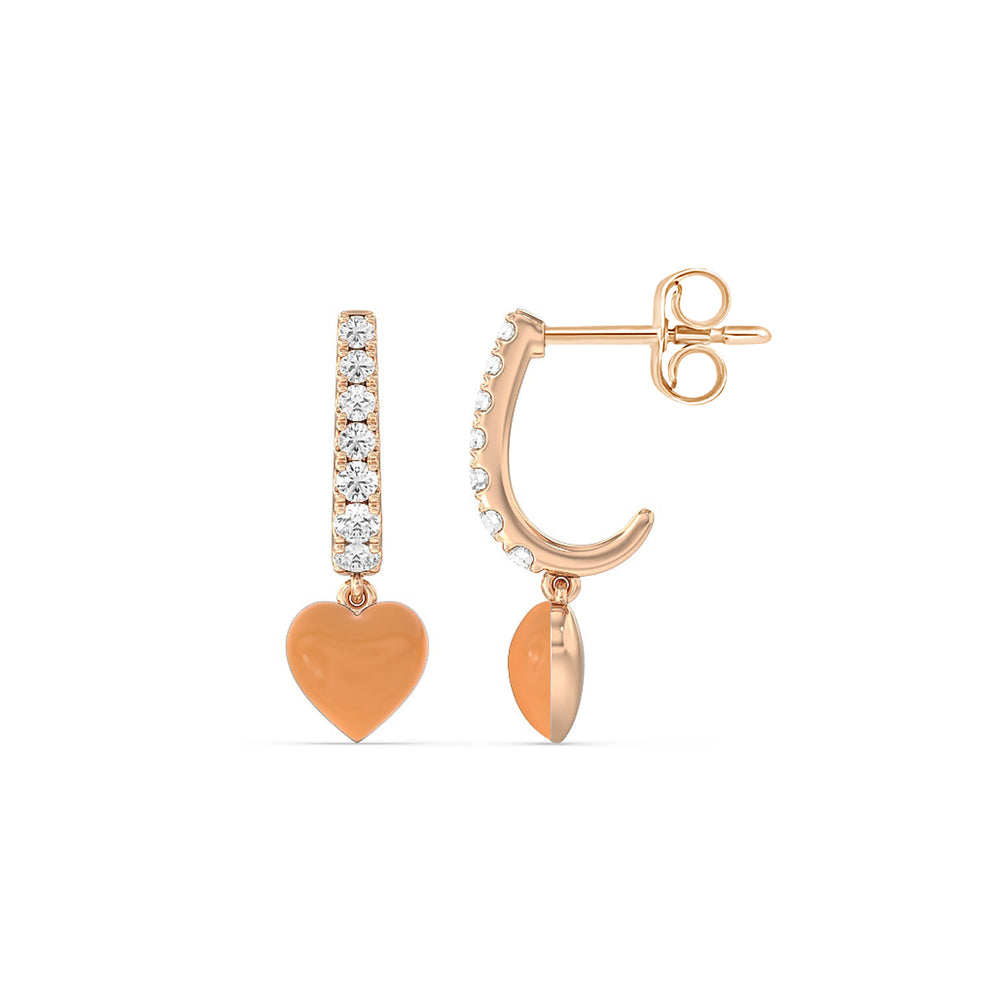 Classic Diamond Heart Huggies in Ceramic with 14KT Rose Gold / Coral / 1/3 Cut Diamond in 14KT Rose Gold / Coral / 1/3 view 2
