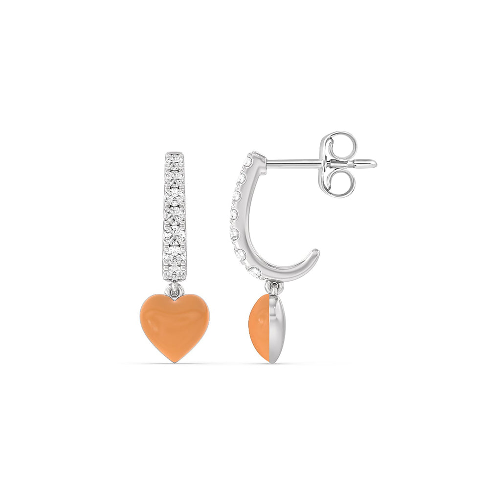 Classic Diamond Heart Huggies in Ceramic with 14KT White Gold / Coral / 1/3 Cut Diamond in 14KT White Gold / Coral / 1/3 view 2
