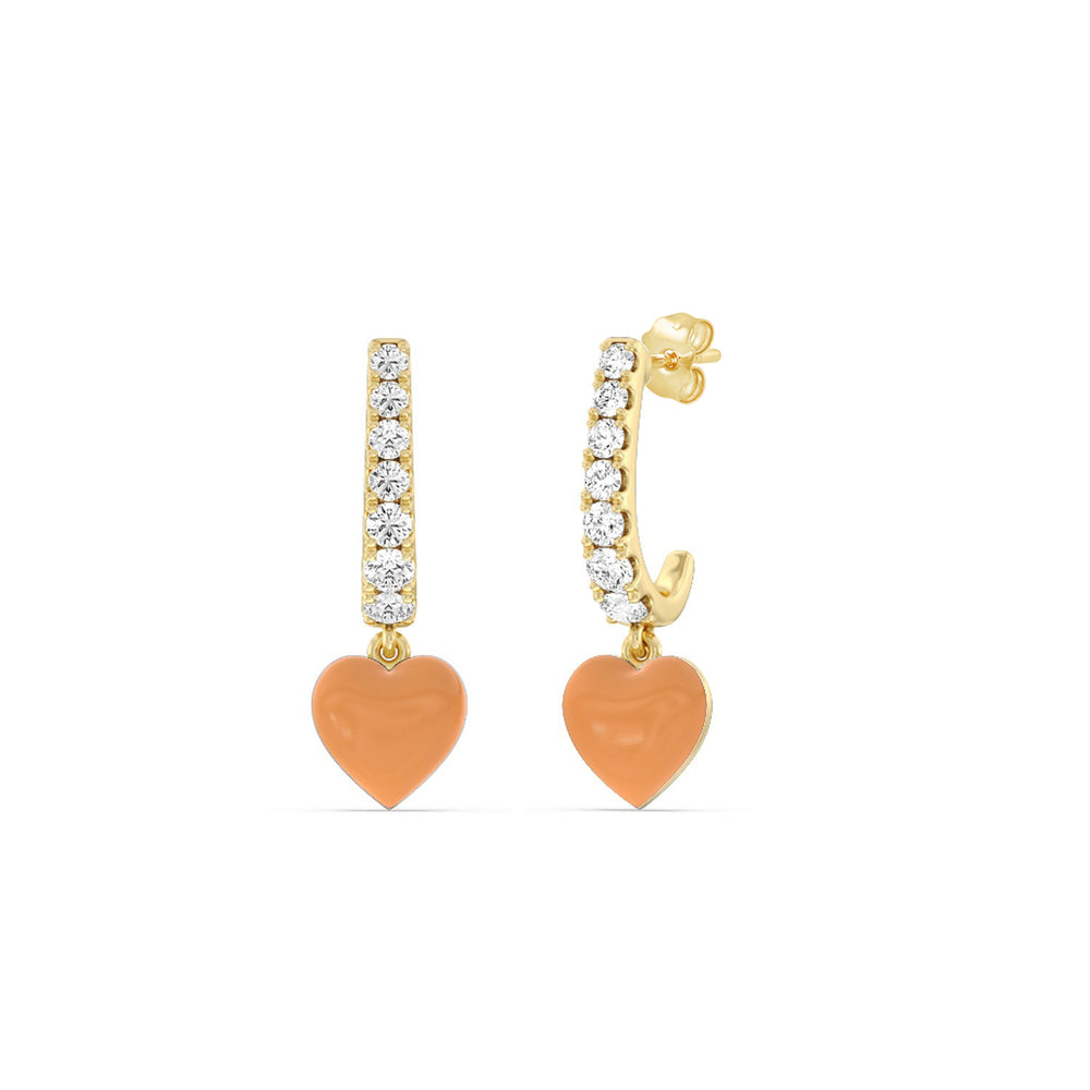 Classic Diamond Heart Huggies in Ceramic with 14KT Yellow Gold / Coral / 1/3 Cut Diamond in 14KT Yellow Gold / Coral / 1/3 view 1
