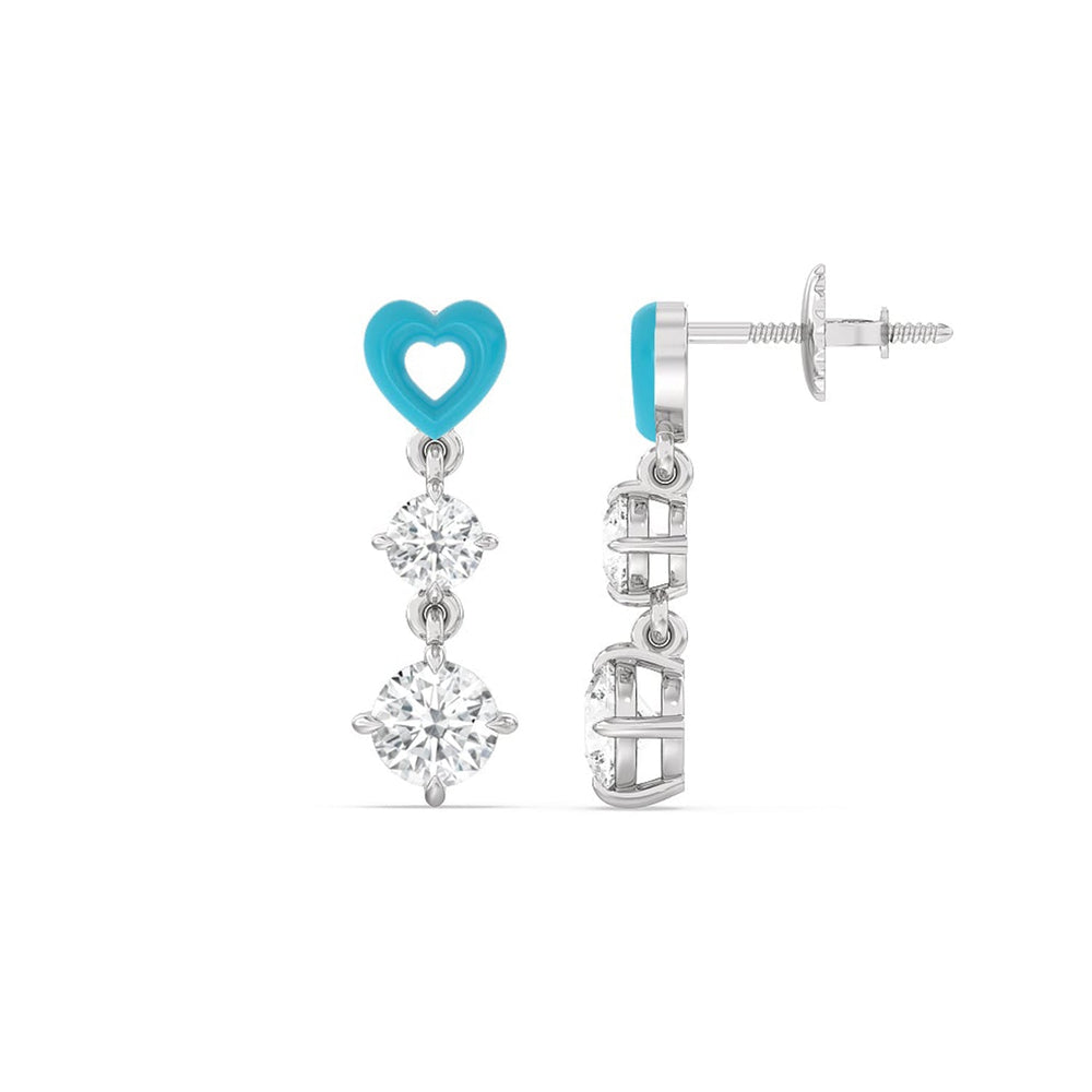 Heart Drop Earrings in Ceramic with 14KT White Gold / Aqua / 1 3/4 Cut Diamond in 14KT White Gold / Aqua / 1 3/4 view 2
