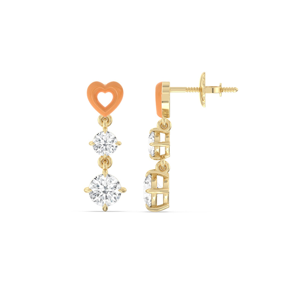 Heart Drop Earrings in Ceramic with 14KT Yellow Gold / Coral / 1 3/4 Cut Diamond in 14KT Yellow Gold / Coral / 1 3/4 view 2
