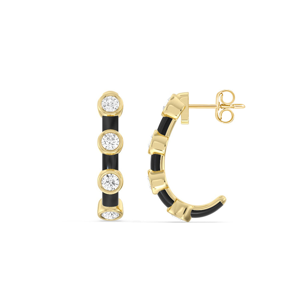 Diamond Crescent Hoops in Ceramic with 14KT Yellow Gold / Midnight / 3/4 Cut Diamond in 14KT Yellow Gold / Midnight / 3/4 view 2
