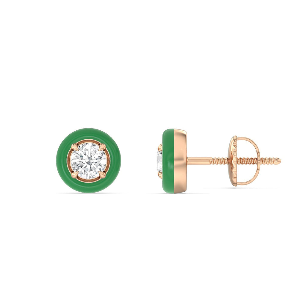 Round Bezel Studs in Ceramic with 14KT Rose Gold / Evergreen / 1/2 Cut Diamond in 14KT Rose Gold / Evergreen / 1/2 view 2
